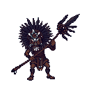A stoic tribal warrior, rendered in pixel art, stands ready with a spear and elaborate headdress. The dark color palette and central framing evoke a sense of solemnity and preparedness.