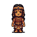 This pixel art image showcases a dignified, stylized figure of a queen or deity adorned in rich, earth-toned regalia, her serene gaze radiating quiet power. The ornate details of her crown and clothing, rendered in a charming pixelated style, evoke a sense of ancient royalty.