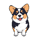 This pixel art features a cheerful Corgi, tongue out and squinting happily. The adorable dog, rendered in warm oranges and peach tones against a stark black background, exudes pure joy.