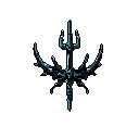 This pixel art showcases a stylized, symmetrical trident/scepter with intricate, wing-like structures, rendered in a dark blue and teal palette. Its sharp angles and glowing details evoke a sense of ancient power and ominous mystery.