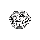 This pixel art showcases the iconic Trollface meme in stark black and white, capturing its signature mischievous smirk with exaggerated features. The simple yet bold design embodies internet culture and lighthearted trolling.