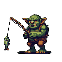 A green-skinned orc or goblin patiently fishes, focused intently on the silver fish at the end of its line. The pixel art captures a whimsical moment of everyday life for the monstrous creature.