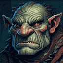 This pixel art portrait captures the grim determination of a battle-worn Orc or Troll, its wrinkled face and intense stare hinting at a life of hardship. The muted color palette and detailed rendering create a sense of rugged strength and stoicism.