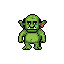 This pixel art depicts a squat, green goblin-like creature with a neutral expression and blocky tusks. The symmetrical, waist-up portrait evokes classic video game characters.