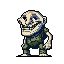 This pixel art features a stylized, goblin-like creature with a skull-like mask and a mischievous air. Rendered in muted greens and blues against a black background, the figure exudes an eerie and unsettling presence.