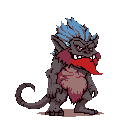 A menacing, light blue-haired troll-like creature with a long red tongue stares intensely from the darkness. This pixel art monster, rendered in muted tones, exudes a grimy and aggressive vibe.