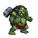 A hulking, green-skinned ogre brandishing a massive warhammer grins menacingly, ready for a fight. The pixel art captures the creature's raw power and slightly unhinged energy.