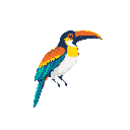 This vibrant pixel art showcases a cheerfully stylized toucan perched in profile. The bird's distinctive beak and colorful plumage of orange, teal, and blue pop against the dark background.