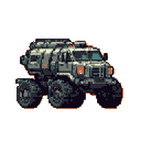 A heavily armored, pixelated truck dominates the frame, its robust design hinting at all-terrain or combat capabilities. The detailed pixel work brings depth to this industrial machine.