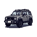 This pixel art image showcases a boxy, rugged SUV with off-road tires and a roof rack, rendered in a muted, monochromatic palette against a stark black background, emphasizing its utilitarian design.