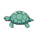 A charming, pixelated tortoise walks across the frame in this cool-toned, side-profile illustration. The stylized design features polygonal shell segments and simple, yet effective, shading.