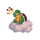 A whimsical pixel art image features a bright green turtle standing on a fluffy cloud, playfully blowing lit firecrackers. The scene creates a surreal and charming moment with contrasting colors against the dark background.