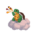 A cheerful pixel art turtle stands on a fluffy cloud, proudly holding a handful of lit firecrackers. This whimsical image features bright colors and a playful, mischievous vibe.