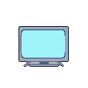This pixel art depicts a retro television with a bright blue screen, rendered in a simple, nostalgic style. The focus is purely on the television itself, showcasing its rounded design and stand against a black backdrop.