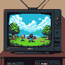 A retro television displays a pixelated battle scene between two figures on a vibrant, classic-style game field. The nostalgic image evokes the charm of vintage video games, complete with additional electronics below the TV.