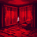 A dimly lit, red-toned room features a mysterious white object on a table before curtained windows and a large armchair. The intense color palette and ambiguous object create an eerie and intriguing atmosphere.