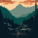 Escape into this pixel art landscape featuring a cozy cabin nestled amidst towering trees and layered mountain ranges. The serene scene evokes a sense of peace and connection with nature, bathed in the warm light of a pastel sky.