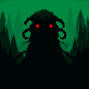 A terrifying, shadowy monster with piercing red eyes emerges from a dark forest, its tentacled head hinting at its otherworldly origins. The ominous figure dominates the scene, creating an atmosphere of dread and the unknown.
