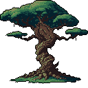 A solitary, majestic tree with a twisted trunk dominates this pixel art image, its earthy tones and ancient presence creating a nostalgic and enchanting feel.