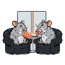 Two pixelated rat friends share a cozy meal, one enjoying a slice of pizza and the other sipping from a red can. The charming scene captures a moment of relaxed companionship and simple pleasures.