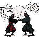 Two silhouetted ninjas or samurai clash under the stark light of a full moon, their swords locked in a tense standoff. Glowing red eyes pierce the darkness, hinting at a supernatural intensity in this retro-style duel.