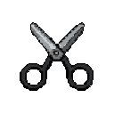 This pixel art image features a solitary pair of open scissors rendered in stark grays against a black backdrop. The minimalist design and metallic texture create a utilitarian and precise depiction of this everyday tool.