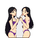 Twin girls in matching purple bikinis playfully interact with a large white towel. One sister looks surprised, while the other has a mischievous glint in her eyes, creating a lighthearted and nostalgic pixel art scene.