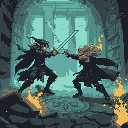 A pixelated duel unfolds as two shadowy figures clash swords amidst crumbling ruins, their intense battle punctuated by sparks and glowing eyes.