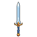 A pixel art longsword, with an icy blue blade and ornate golden hilt, floats against a black backdrop. The regal design and nostalgic art style evoke classic fantasy games and a sense of magical power.
