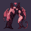 This pixel art depicts a tender embrace between two demon-like figures with contrasting dark and light features, their affection radiating despite their horned and winged forms. The intimate scene, set against a dark background, evokes a dark fantasy romance with its muted, warm color palette.