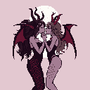 Two demon girls with horns and wings share a tender kiss against a pale moon in this romantic pixel art. The muted pink and dark purple palette creates a gothic and intimate atmosphere.