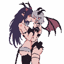Two demon girls share a tender kiss in this intimate pixel art piece. With contrasting dark purple and light gray hair, horns, and wings, they embrace in a romantic scene.