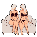 Two pixelated figures in black lingerie relax on a white sofa, their muted tones creating an ambiguous and intimate scene against a stark black void.