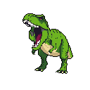 A pixelated Tyrannosaurus Rex roars to life in this side-profile view, its green scales and red eyes popping against a stark black background. The aggressive pose and open mouth highlight the prehistoric predator's raw power and ferocity.