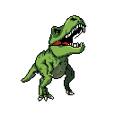 This pixel art image roars to life with a dynamic T-Rex, rendered in detailed shades of green as it strides forward. The powerful dinosaur, with its open jaws and tiny arms, conveys a sense of fierce energy.
