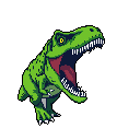 A pixelated Tyrannosaurus Rex roars fiercely with vibrant green scales and sharp teeth, its yellow eyes conveying intense energy. The retro design captures a nostalgic feel.
