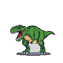 This pixel art depicts a ferocious T-Rex roaring with piercing red eyes, its vibrant green scales contrasting against the stark black background. The powerful dinosaur is captured mid-action, showcasing its sharp teeth and imposing presence.