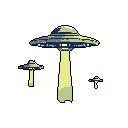 Classic pixel art depicts a trio of flying saucers hovering in the darkness, each emitting a bright, mysterious beam of light. The central, larger UFO dominates the scene, evoking a sense of retro sci-fi and impending alien encounter.
