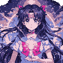 A pixelated "Chaos" Sailor Moon variant offers a glowing, heart-shaped crystal, radiating magic against a cosmic backdrop. Her melancholic expression and vibrant magenta accents create a captivating, yet slightly ominous, atmosphere.