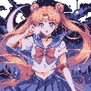 This pixel art captures Sailor Moon in a dreamy pose against a starry night sky, her flowing blonde hair intertwined with celestial elements. Her innocent expression and iconic sailor fuku evoke a sense of wonder and nostalgia. The crescent moon backdrop and magical atmosphere complete this enchanting tribute.