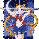 This pixel art image captures Sailor Moon in a heroic pose against a starry night sky, her radiant presence emphasized by a glowing starburst effect. The vibrant, retro-style art evokes a sense of magical girl empowerment and nostalgic charm.