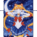 This pixel art image captures Sailor Moon in a dynamic pose, ready to unleash her magical powers against a starry night sky. The nostalgic style and vibrant colors evoke the classic anime's heroic and energetic spirit.