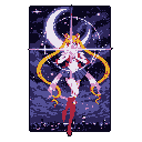 This pixel art captures Sailor Moon in a dynamic, ethereal pose against a cosmic backdrop, invoking her magical power. The iconic magical girl is surrounded by a starry night and radiant starburst, celebrating a moment of transformation.