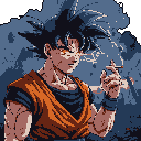 This pixel art portrait presents a mature and edgy take on Goku from Dragon Ball, depicting him in a moment of contemplation with a lit cigarette. The intense gaze and cool color palette create a surprisingly serious and stylish rendition of the iconic character.