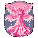 A serene, pink-hued pixel art angel descends amidst a twinkling, lavender sky, her graceful pose and flowing gown evoking a sense of celestial beauty and peaceful contemplation. Her large, elaborate wings create an imposing yet delicate silhouette.