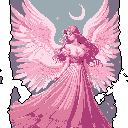 A serene pixel art angel, rendered in shades of pink, gracefully poses with large, feathered wings. Her tranquil expression and flowing gown evoke a sense of ethereal beauty. The crescent moon and scattered stars in the muted background emphasize the celestial theme.