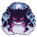 This pixel art depicts a menacing Gengar, the ghost Pokémon, grinning mischievously with glowing eyes. Ethereal energy swirls around it against a moonlit night sky, creating a powerful and eerie atmosphere.