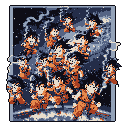 This pixel art image bursts with energy, showcasing multiple Son Gokus in action against a swirling cosmic backdrop. The iconic Dragon Ball hero strikes dynamic poses, creating a vibrant and nostalgic scene of boundless power.