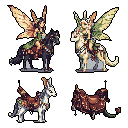 This pixel art showcases a fantasy world with two distinct pairings: a dark-skinned fairy riding a noble wolf and a light-skinned fairy upon a majestic dragon-like creature. Below, the saddled wolf and dragon-like creature stand alone, highlighting their intricate tack and hinting at different factions or rider types.