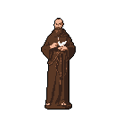 A serene pixel art monk gently cradles a pure white dove, his calm demeanor and rosary beads hinting at peace and spirituality. The classic, simple style focuses attention on the figure, emphasizing the symbolic contrast between the earthy tones and the dove's stark white.
